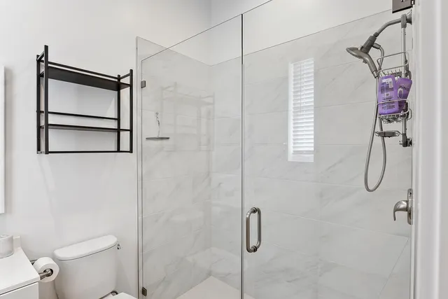 a bathroom with a shower and a toilet