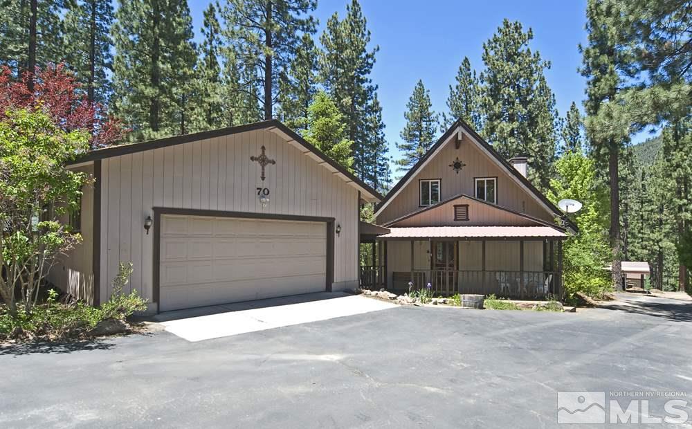 70 Pinon Road Markleeville, CA 96120 - Photo 1 of 25 a front view of a house with a yard and garage