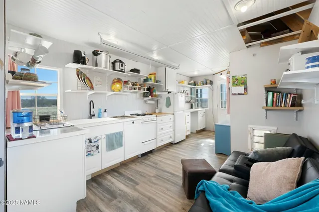 a living room with furniture and a kitchen view