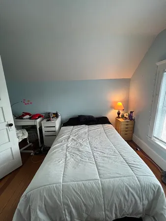 a bedroom with a bed and a window
