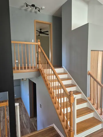 a view of staircase with wooden floor and a rug