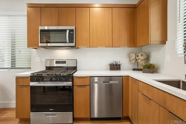 a kitchen with a stove and a microwave