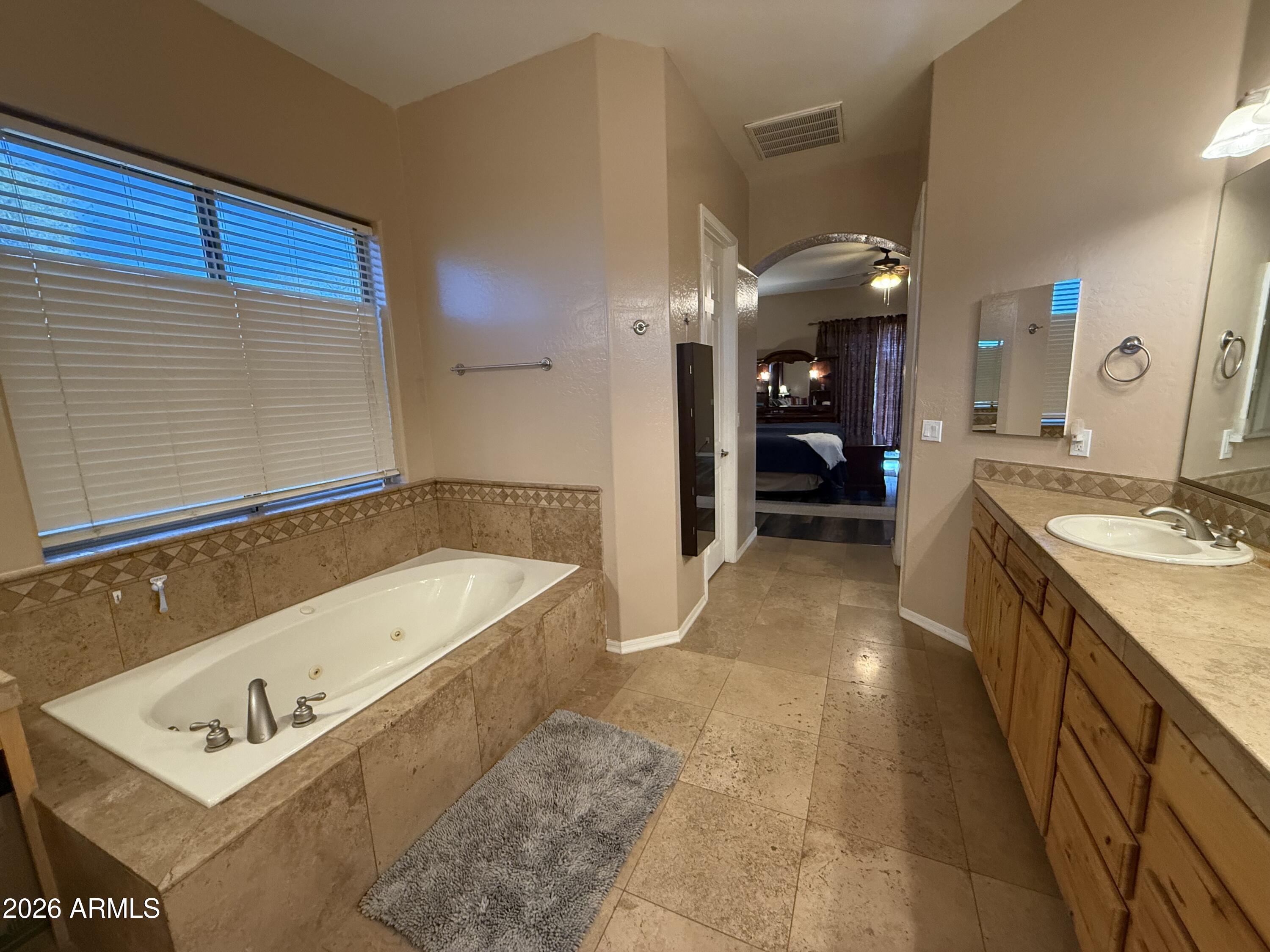 2569 West Silverdale Road San Tan Valley, AZ 85144 - Photo 15 of 61 a large bathroom with a tub a sink and a large mirror