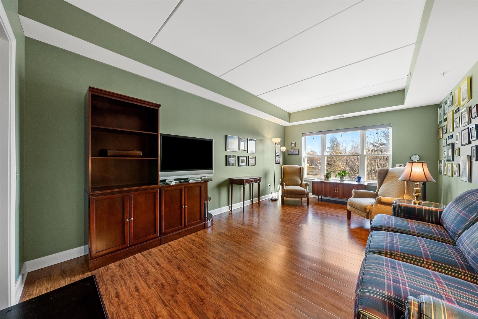 10 North Gilbert Street, Unit 314 South Elgin, IL 60177 - Photo 18 of 25 a living room with furniture a flat screen tv and wooden floor