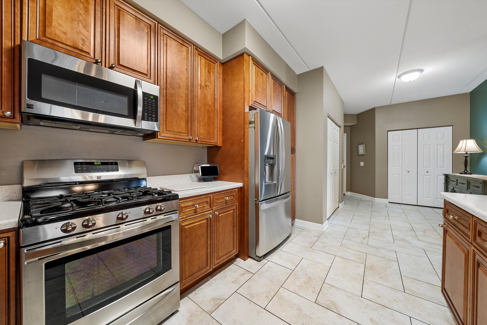10 North Gilbert Street, Unit 314 South Elgin, IL 60177 - Photo 6 of 25 a kitchen with stainless steel appliances granite countertop a stove a refrigerator and a microwave