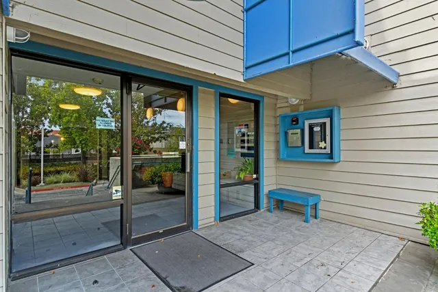 a building outdoor space with seating space