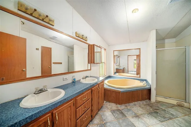 a bathroom with a granite countertop tub sink and mirror