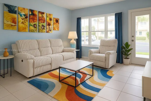 a living room with furniture and a large window