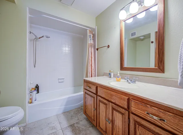 a bathroom with a sink a toilet a mirror a vanity and bathtub