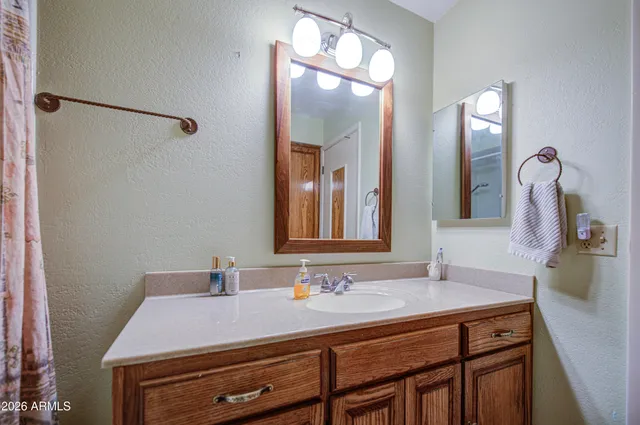 a bathroom with a sink and a mirror