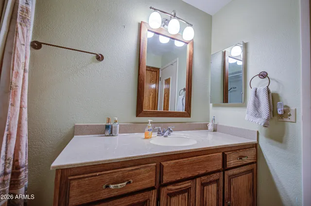 a bathroom with a sink vanity and a mirror