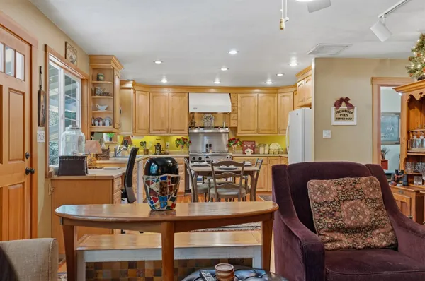 a view of a dining room with furniture