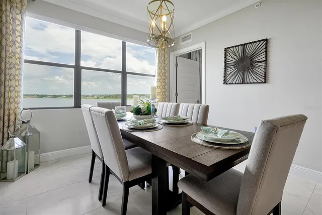 a view of a dining room with furniture window and outside view