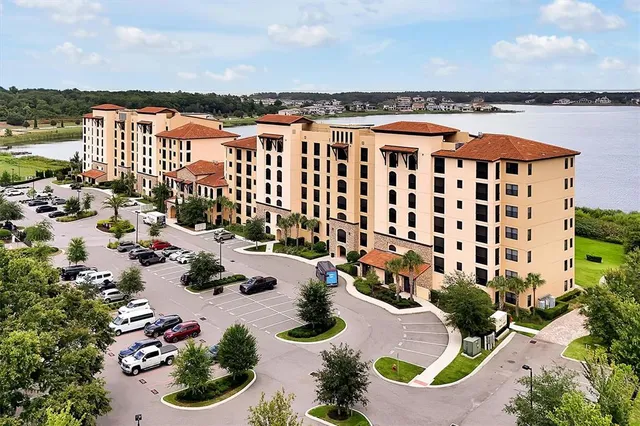 a view of a lake with a terrace