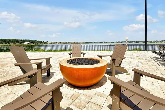 an outdoor space with furniture