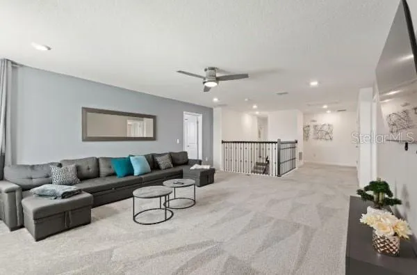 a living room with furniture ceiling fan and a rug