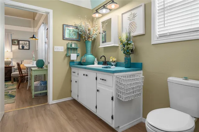 a bathroom with a sink a toilet and mirror