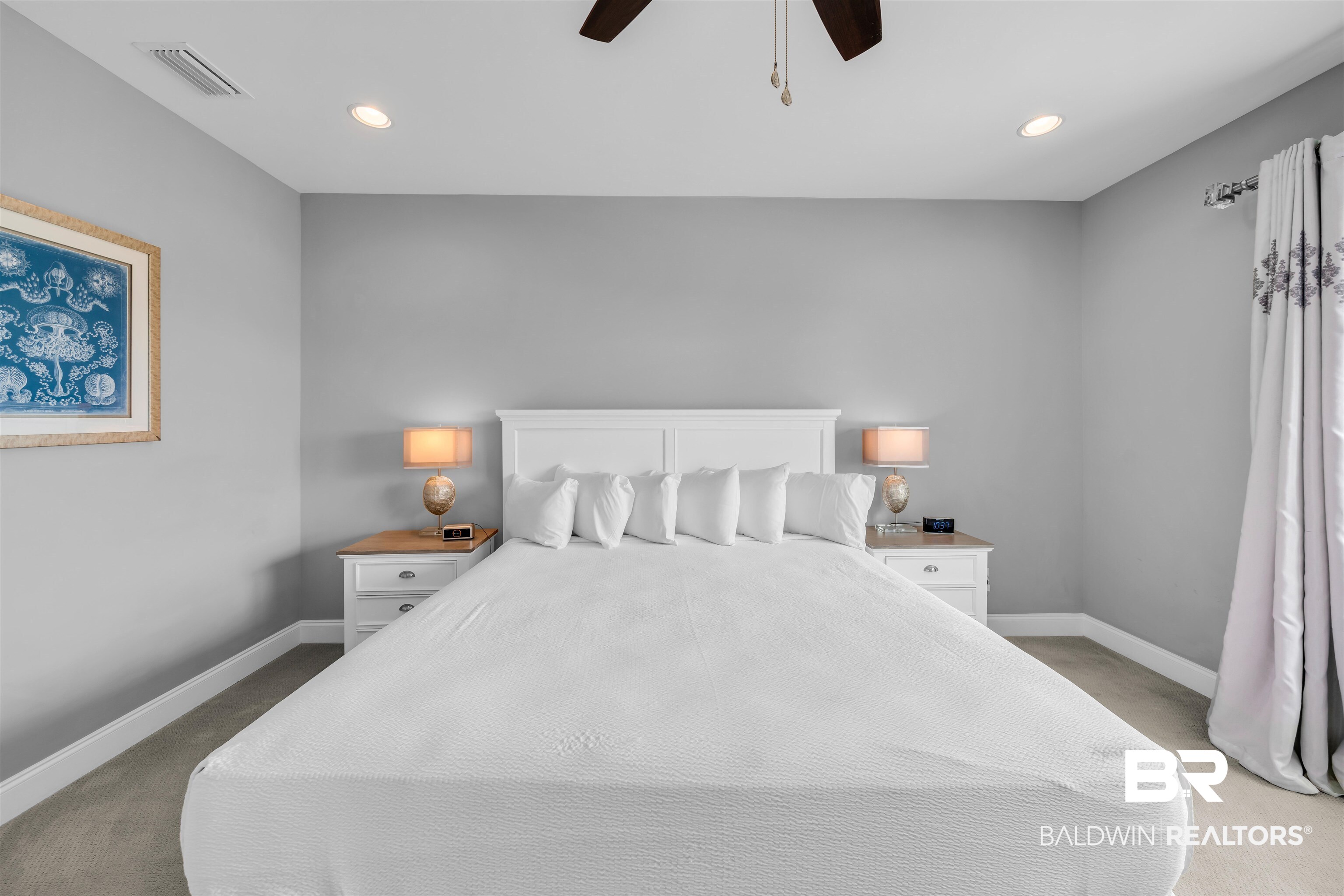 47 Parks Edge Orange Beach, AL 36561 - Photo 18 of 40 Bedroom featuring recessed lighting, light carpet, and ceiling fan