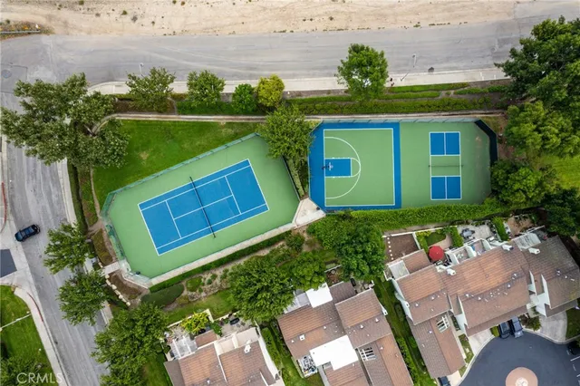 an aerial view of a house with a garden
