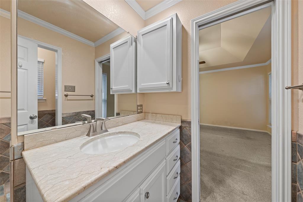 712 North Old Robinson Road Robinson, TX 76706 - Photo 14 of 26 Bathroom featuring ornamental molding, vanity, and light colored carpet