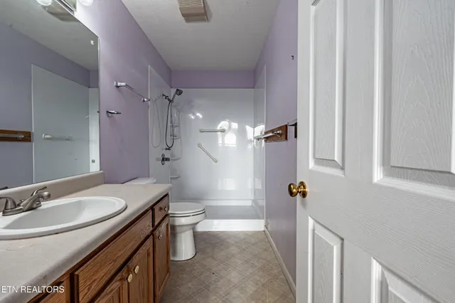 a bathroom with a sink a toilet a mirror and shower