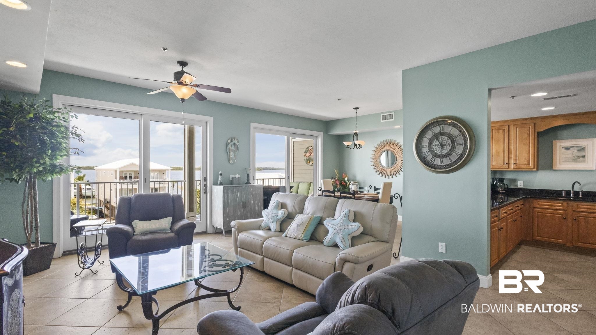 25909 Canal Road, Unit 203 Orange Beach, AL 36561 - Photo 13 of 36 Living room with ceiling fan, light tile patterned flooring, and recessed lighting