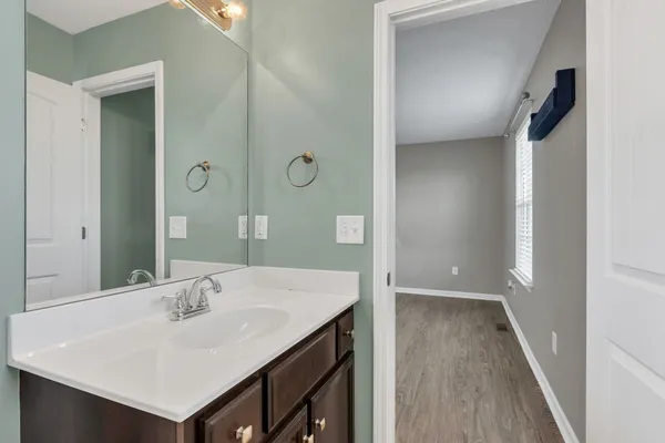 a bathroom with a sink and a mirror