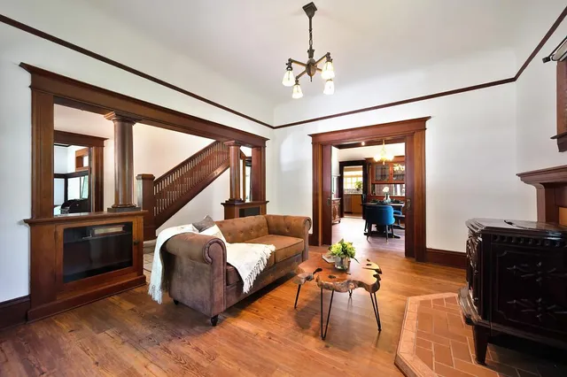 a view of a dining room with furniture window and outside view