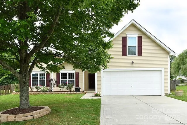 a view of a yard in front of a house with plants and large tree