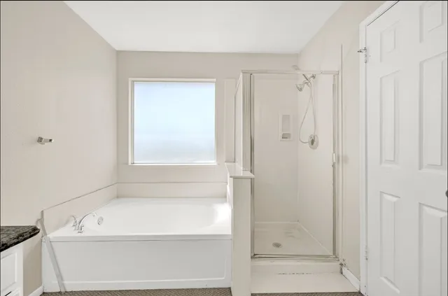 a bathroom with a bathtub and a shower
