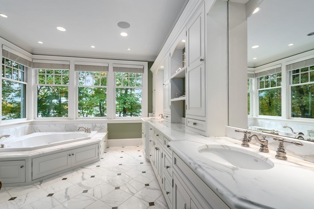 137 Forest Street Sherborn, MA 01770 - Photo 24 of 38 a bathroom with a granite countertop sink large mirror and a large window