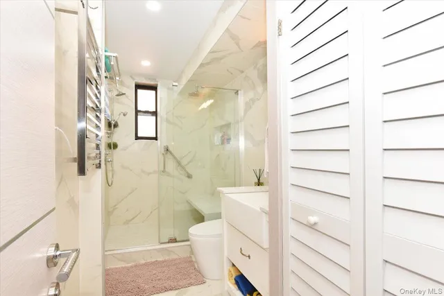 a bathroom with a shower and a toilet
