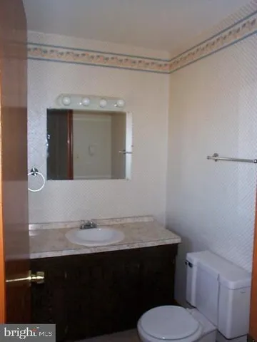 a bathroom with a sink a toilet a mirror and vanity