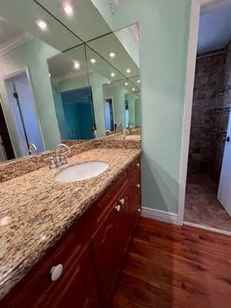 a bathroom with a granite countertop sink and a mirror