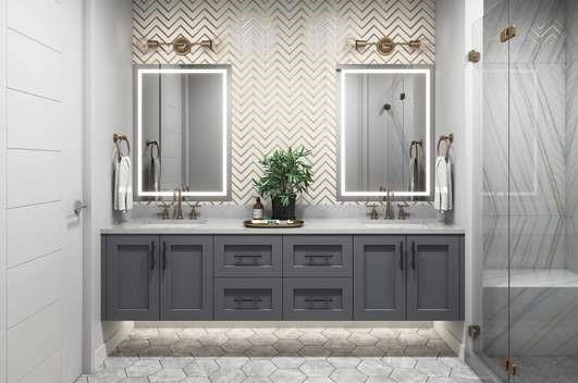 a spacious bathroom with a granite countertop sink and a mirror