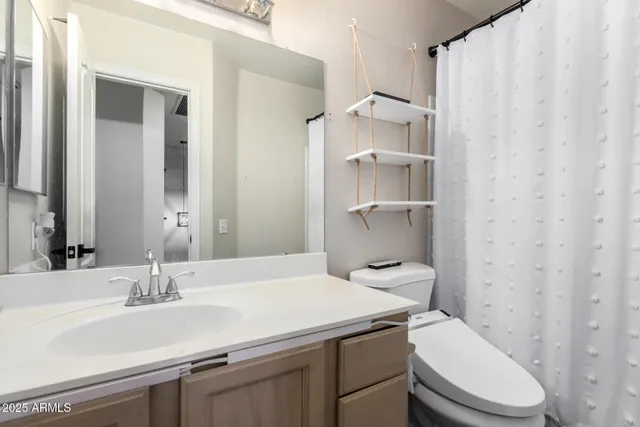 a bathroom with a sink toilet vanity and shower
