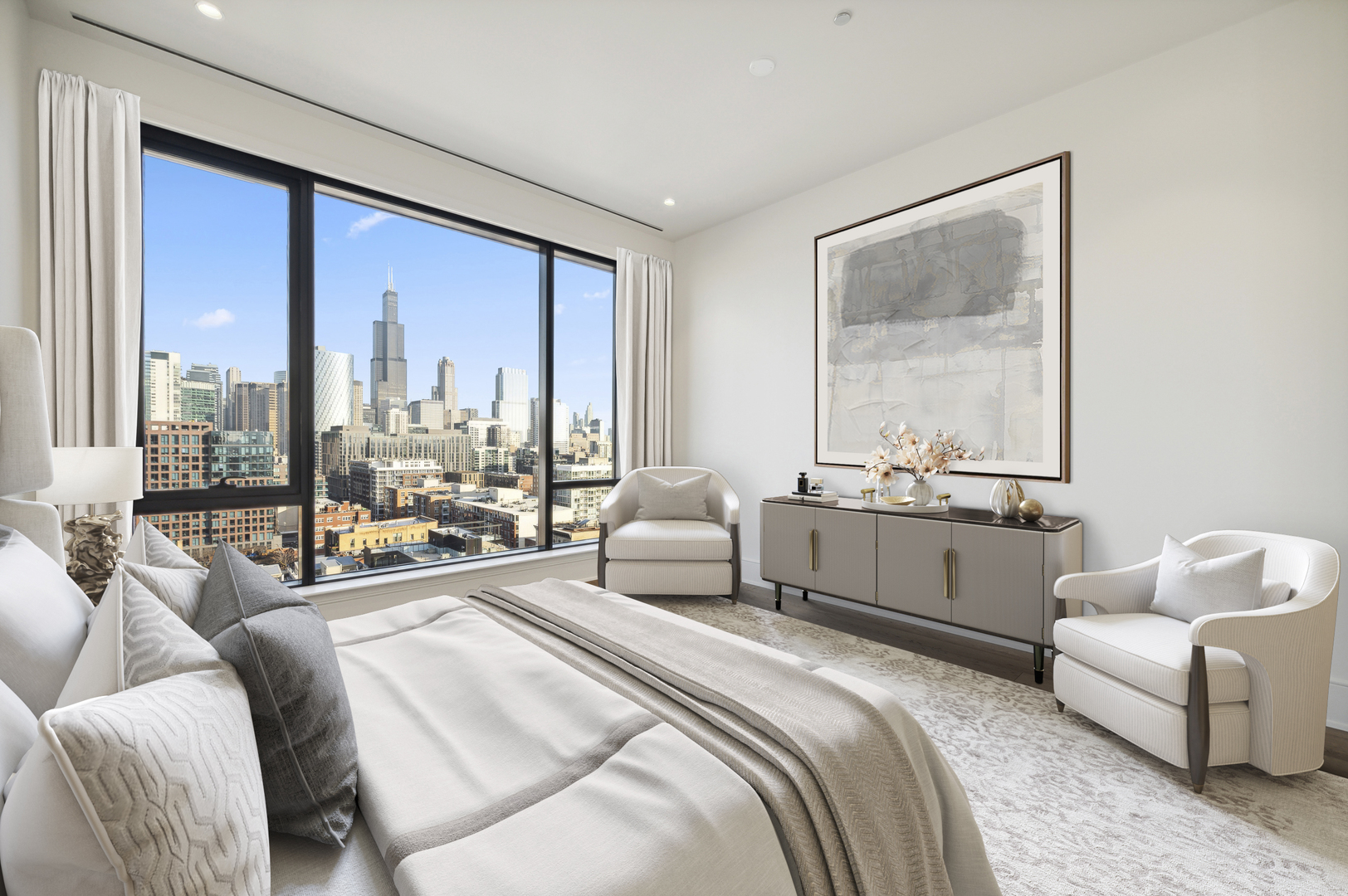 21 North May Street, Unit 1401 Chicago, IL 60607 - Photo 11 of 47 a bedroom with a large bed and a large window