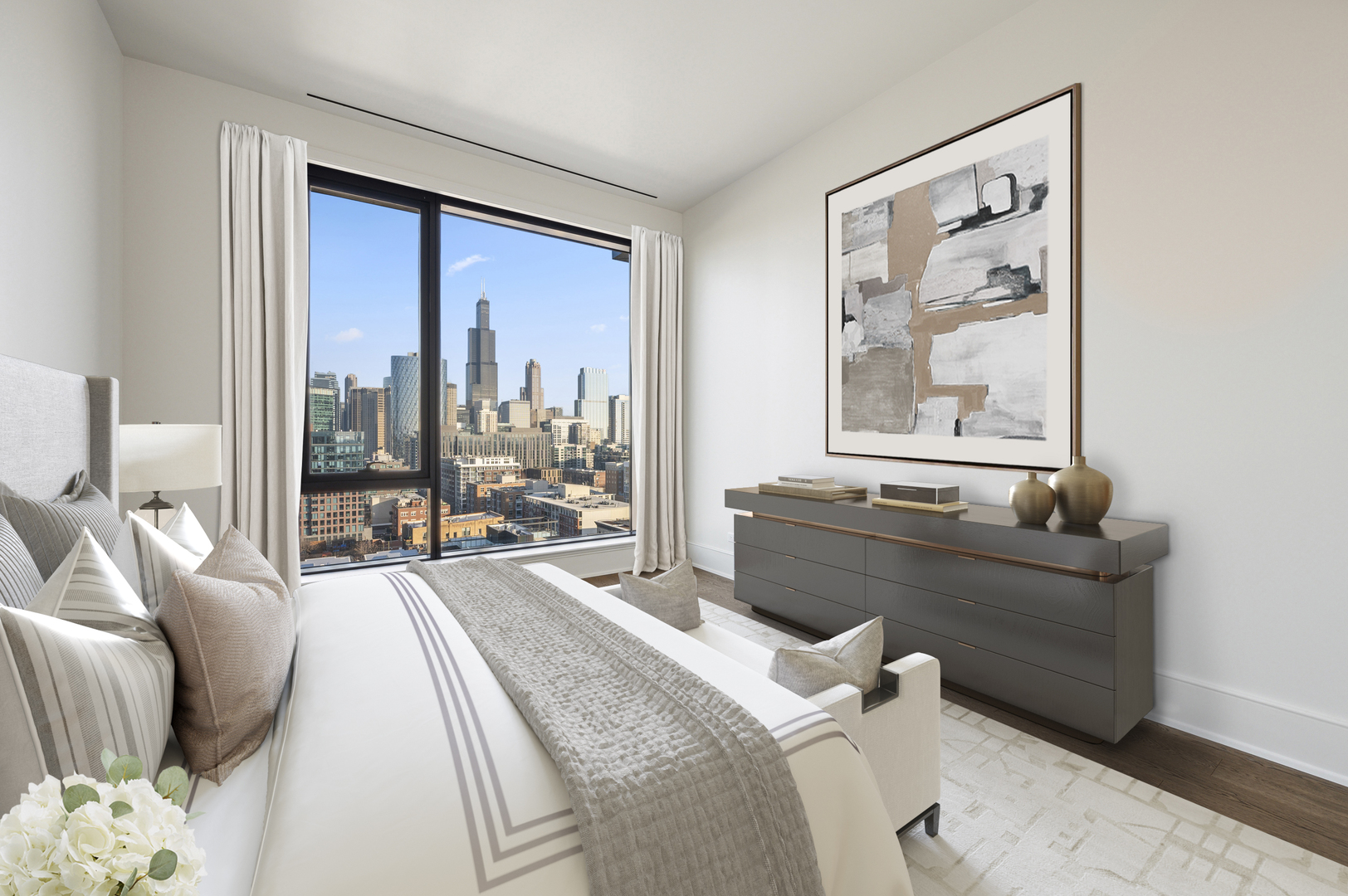 21 North May Street, Unit 1401 Chicago, IL 60607 - Photo 19 of 47 a bedroom with a bed and a large window