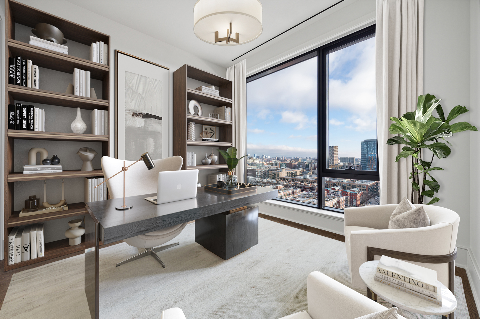 21 North May Street, Unit 1401 Chicago, IL 60607 - Photo 20 of 47 a living room with furniture a bookshelf and a large window