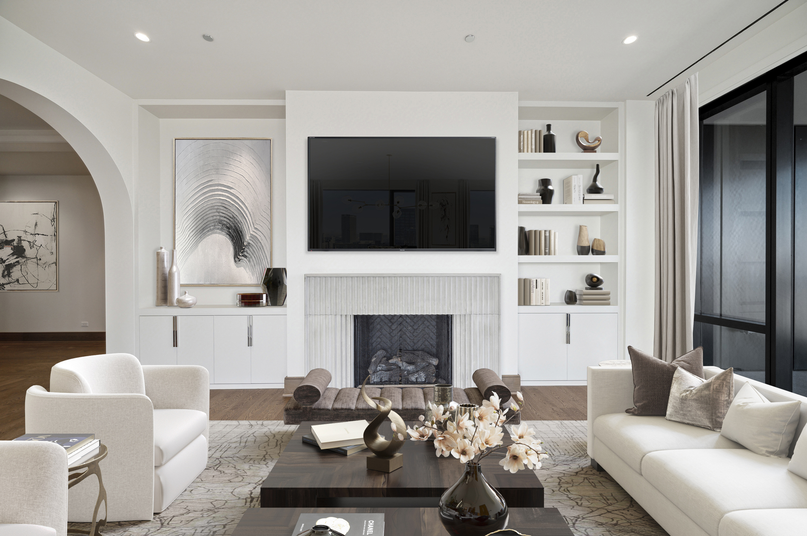 21 North May Street, Unit 1401 Chicago, IL 60607 - Photo 9 of 47 a living room with furniture fireplace and flat screen tv