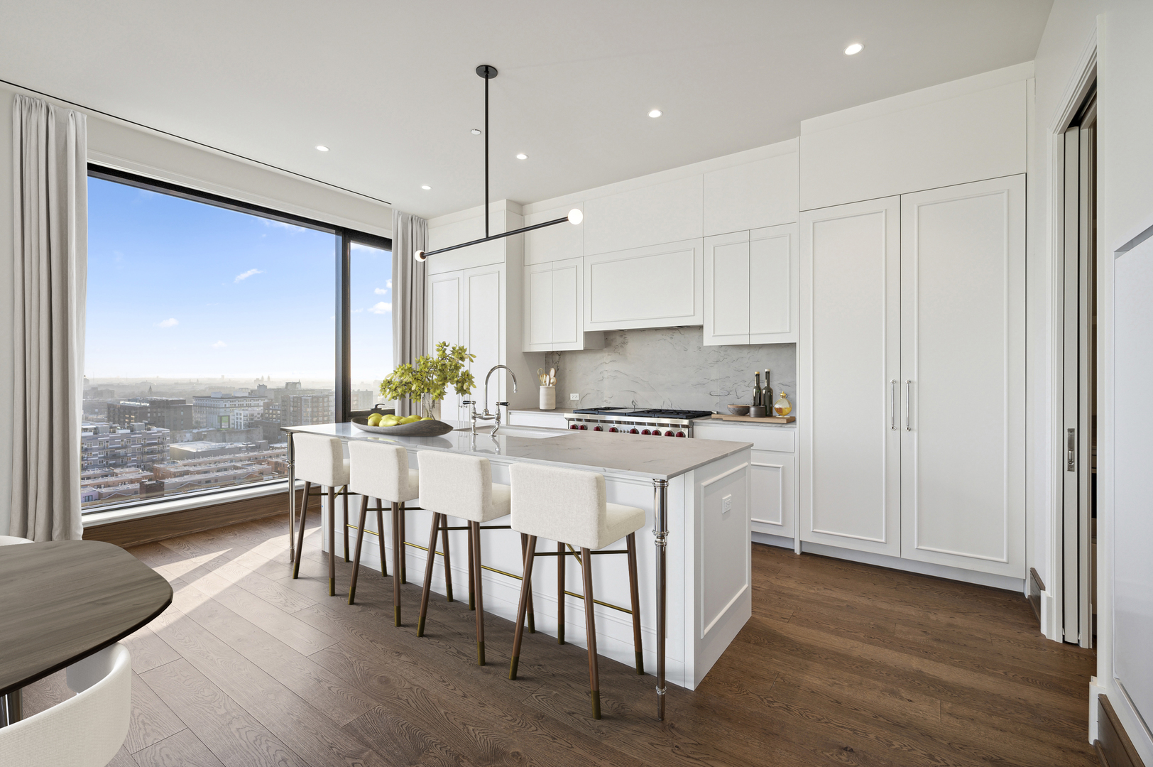 21 North May Street, Unit 1401 Chicago, IL 60607 - Photo 10 of 47 a kitchen with kitchen island granite countertop a stove a sink and white cabinets with wooden floor next to windows