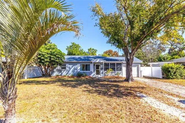 a tree in front of a house next to a yard