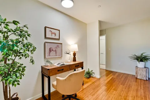 a workspace with furniture and potted plant