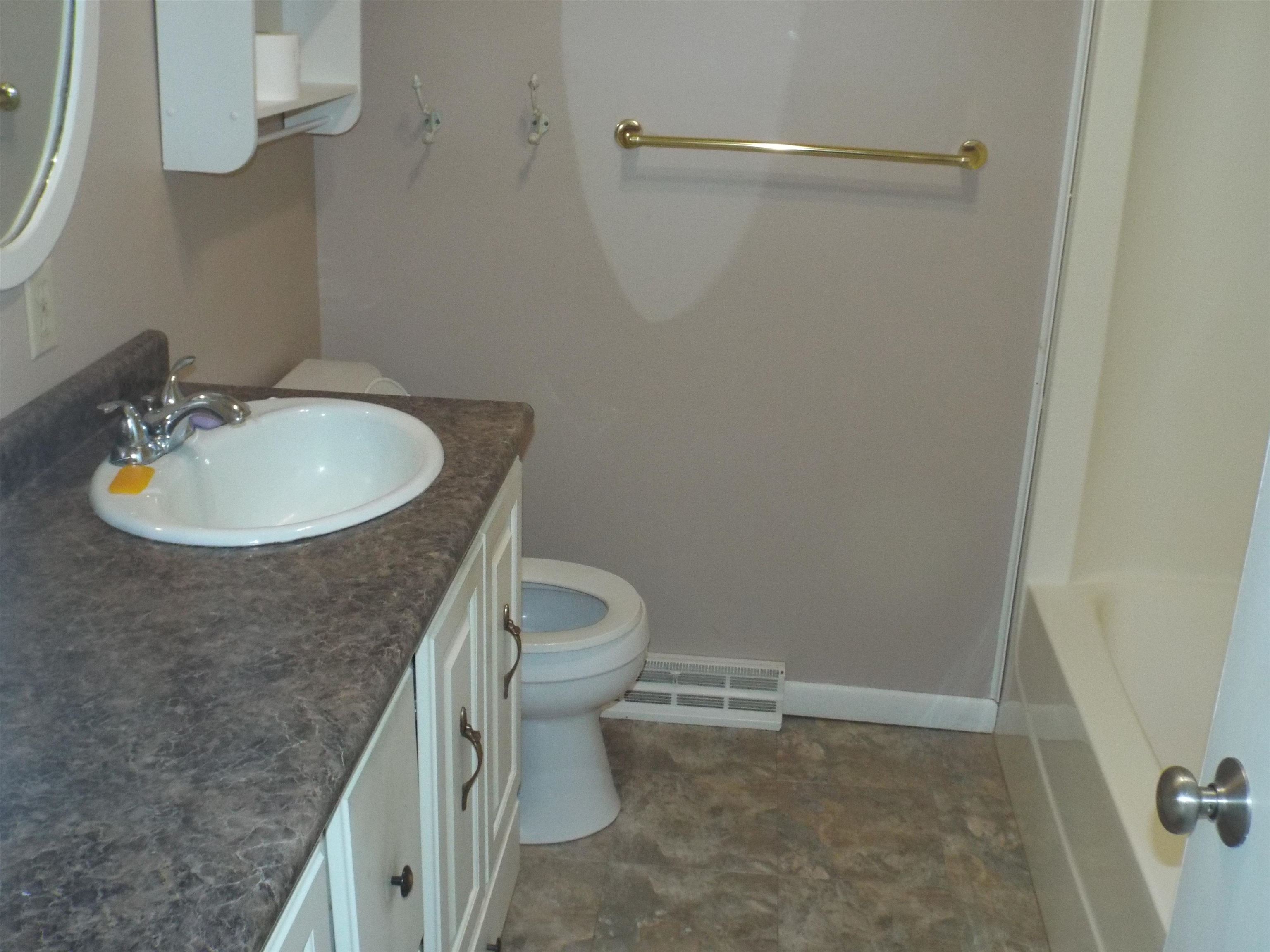 6090 South Rodden Road Hanover, IL 61041 - Photo 12 of 34 a bathroom with a granite countertop toilet and a sink