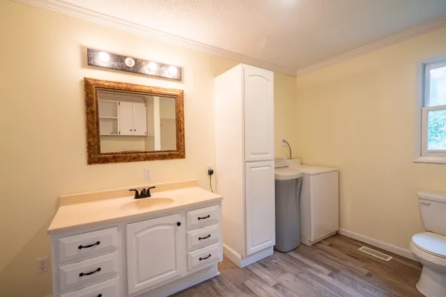 a bathroom with a double vanity sink toilet and mirror