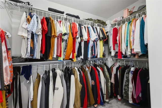 a view of walk in closet with clothes