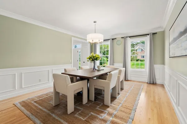 a view of a dining room with furniture window and wooden floor