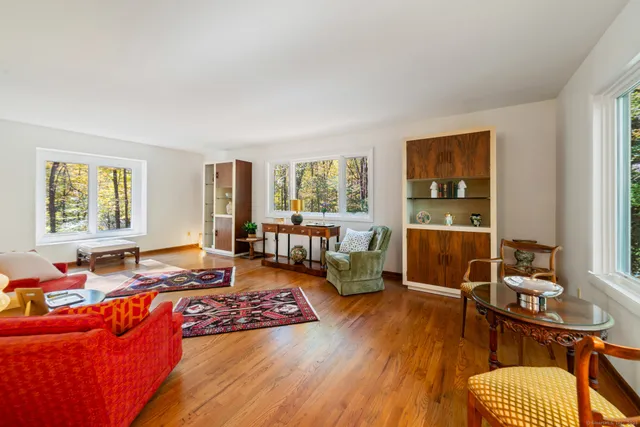 a living room with furniture a rug and a window