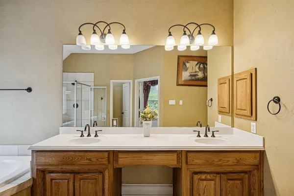 a bathroom with a tub a sink and a mirror