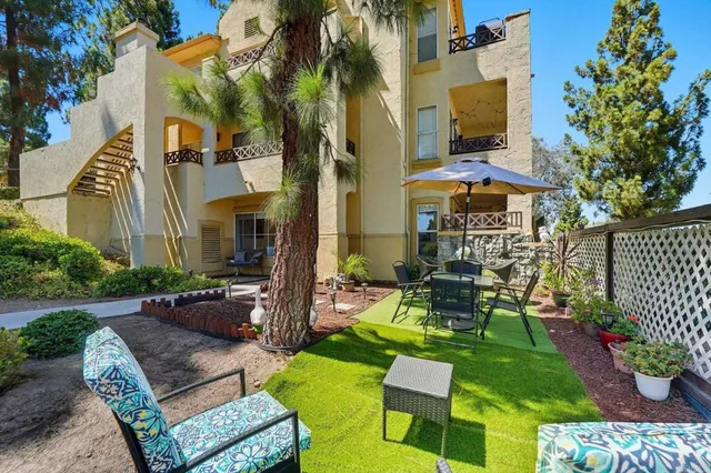 a view of a patio with couches table and chairs potted plants and a palm tree